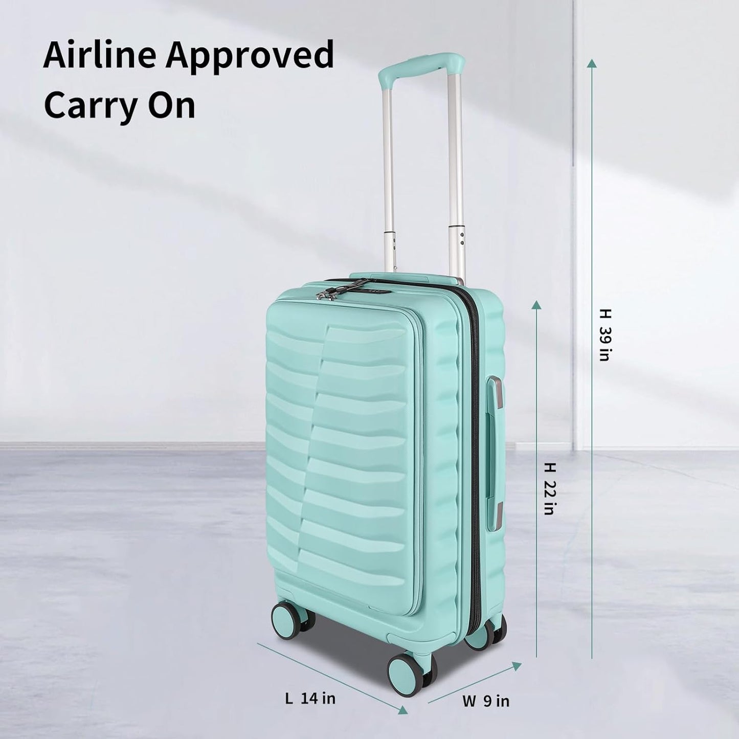 22×14×9 Airline Approved Carry On Luggage with Front Open Pocket Expandable, Spinner Wheels, ABS+PC Hardshell Small 20inch Suitcase with Protective Cover and Luggage Tag, Mint Green