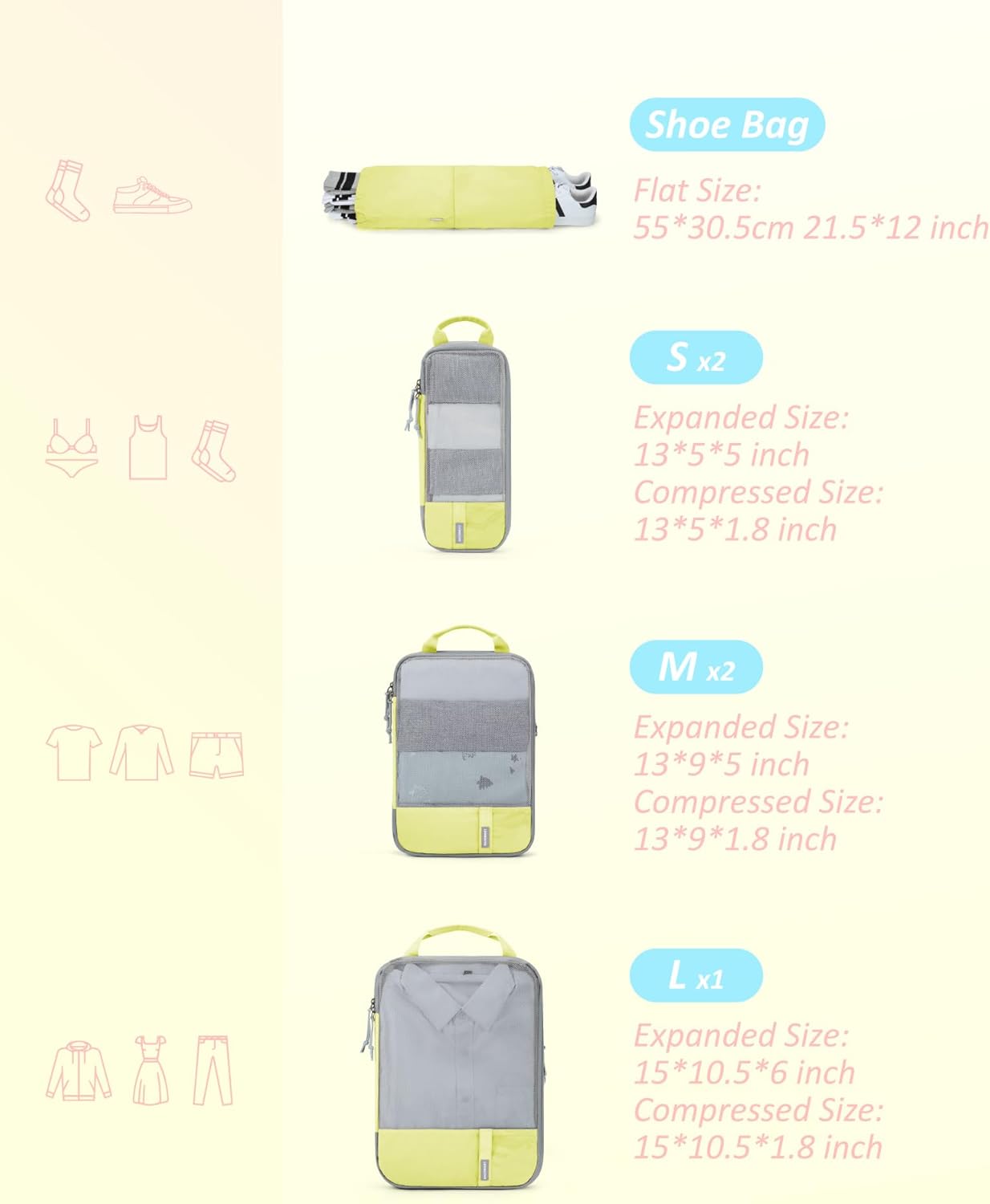 BAGSMART 6 Set Compression Packing Cubes - Lightweight Travel Essentials, Durable Luggage Organizer