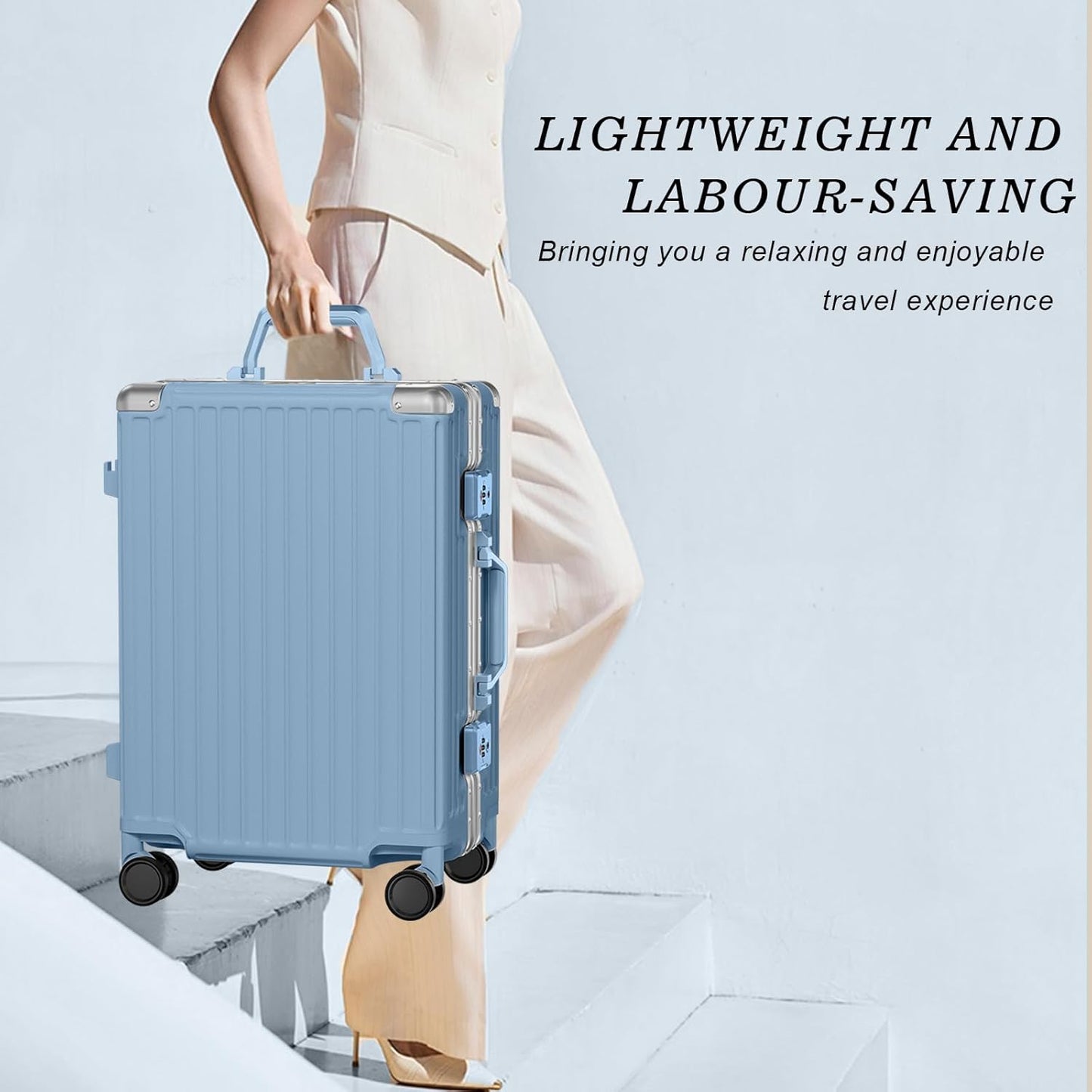 AnyZip Luggage PC+ABS Aluminum Frame Zipperless Checked Luggage Hard Shell Suitcase with TSA Lock Double Spinner Wheels 28 Inch Haze Blue