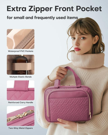 HOTOR Travel Toiletry Bag for Women & Men, Waterproof Makeup Bag with Hanging Hook and Multiple Pockets, Cosmetic Bags for Women, Travel Essentials, 11.2'' x 3.2'' x 8.9'', Rosewood-Pink