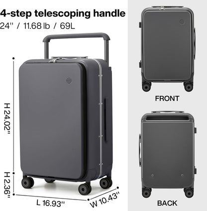 mixi Checked Luggage Wide Handle Luxury Design Rolling Travel Suitcase PC Hardside with Aluminum Frame Hollow Spinner Wheels, with Cover, 24 inch, Rock Grey