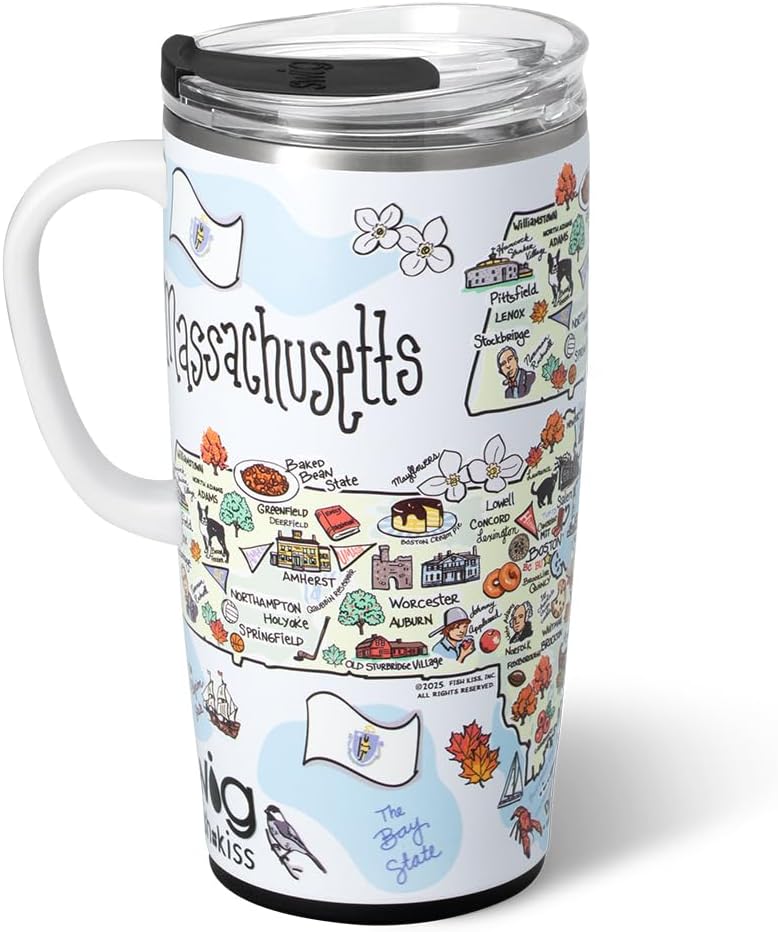 Swig Life 22oz Travel Mug, Insulated Tumbler with Handle and Lid, Travel Coffee Mug, Cup Holder Friendly, Stainless Steel 22 oz Tumbler, Reusable Insulated with Lid (Massachusetts)