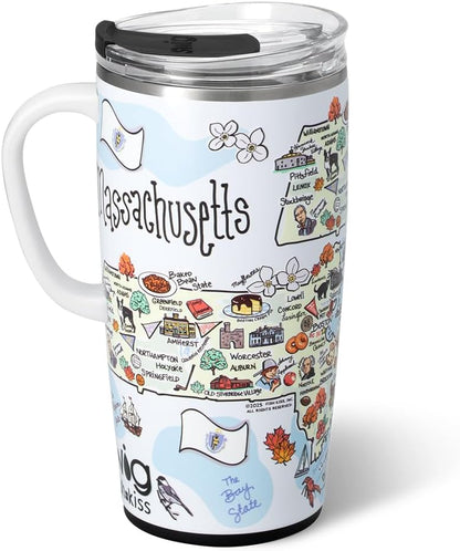 Swig Life 22oz Travel Mug, Insulated Tumbler with Handle and Lid, Travel Coffee Mug, Cup Holder Friendly, Stainless Steel 22 oz Tumbler, Reusable Insulated with Lid (Massachusetts)