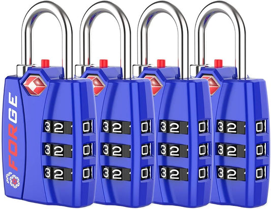 Forge TSA Luggage Combination Lock - Open Alert Indicator, Easy Read Dials, Alloy Body- Ideal for Travel, Lockers, Bags (Blue 4Pk)