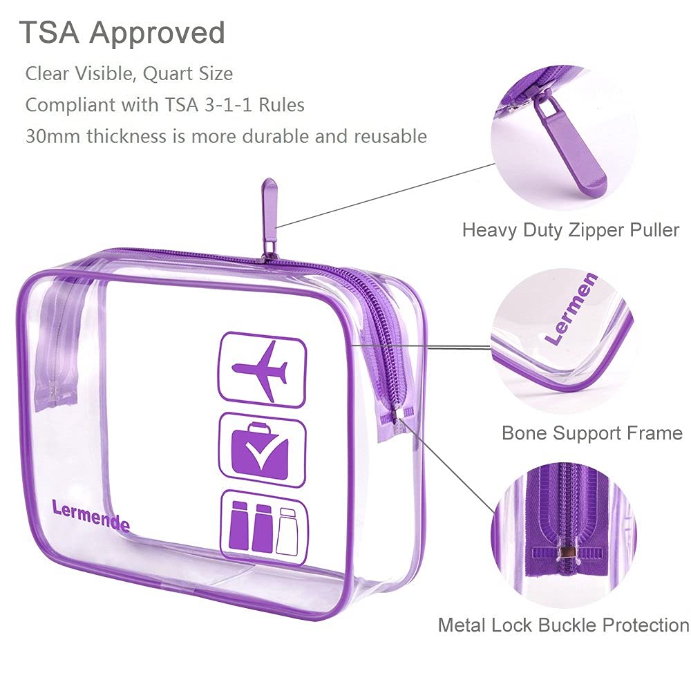 Lermende 2pcs Clear Toiletry Bag TSA Approved Travel Bag,Carry On for Travel,Airport Airline Accessories Compliant Bag,Quart Sized Makeup Cosmetic bag Women Men (Purple, 3 Pack)