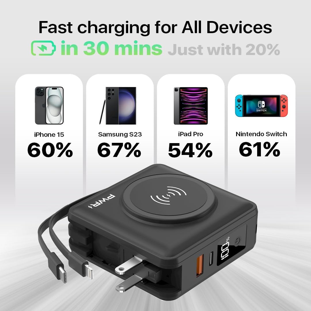 PWR Travel PRO 5-in-1 Power Bank with Case Included – 10,000mAh with Built-in Cables – 20W USB-C + 15W Wireless Charging – Compact Portable Charger for iPhone & Android- Black