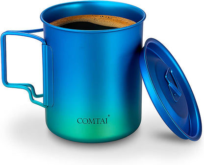 Titanium Camping Pot Mug 15oz (420ml) with Lid and Foldable Handle – Ultralight Camping Cup for Hiking, Backpacking, Outdoor Cooking, Blue