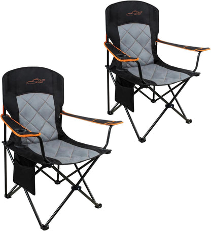 FAIR WIND 2 Pack Oversized Fully Padded Camping Chair Heavy Duty Quad Fold Arm Chair Support 350 LBS with Cup Holder, Collapsible Lumbar Back Chair Portable for Outdoor, Black