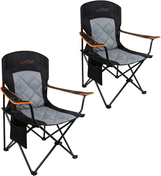 FAIR WIND 2 Pack Oversized Fully Padded Camping Chair Heavy Duty Quad Fold Arm Chair Support 350 LBS with Cup Holder, Collapsible Lumbar Back Chair Portable for Outdoor, Black