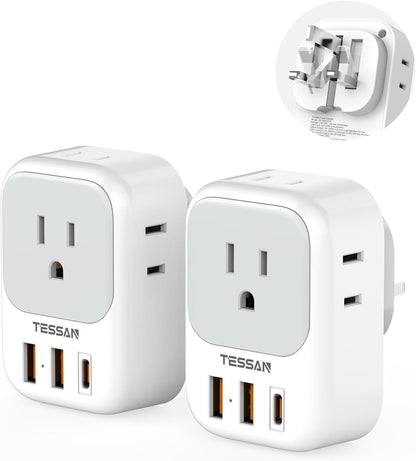 UK Adapters for Travel, TESSAN US to UK Ireland Plug Adapter 20W, Foldable Power Adaptor with 4 Outlets 3 USB(PD 20W 1 USB C) Charger, Type G for USA to Scotland London England HongKong Dubai Irish