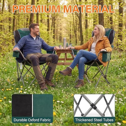 2 Pack Camping Chairs for Adults - Oversized Folding Lawn Chair with Angled Backrest,Heavy Duty 400lbs,Padded Camp Chairs with Cup Holder Side Pocket Cooler Bag for Outdoor,Sports,Beach,Fishing,Green