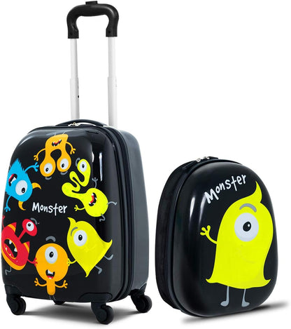 HONEY JOY Kids Luggage, 12" Toddler Backpack & 16" Travel Suitcase with Wheels, Lightweight Toddler Girls Suitcase, Durable ABS Hardshell, 2Pcs Carry On Luggage Set for Boys Girls, Black Monster