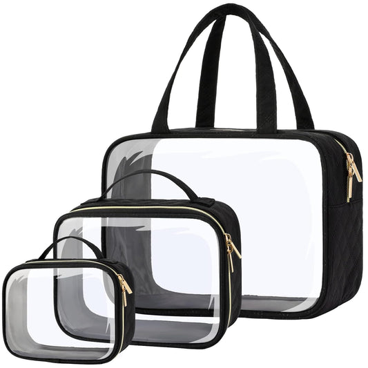 PACKISM Clear Toiletry Bags - 3 Pack Makeup Bags with Handle, Large Opening, Waterproof Cosmetic Bags Fit Carry-on Travel Essentials, Black