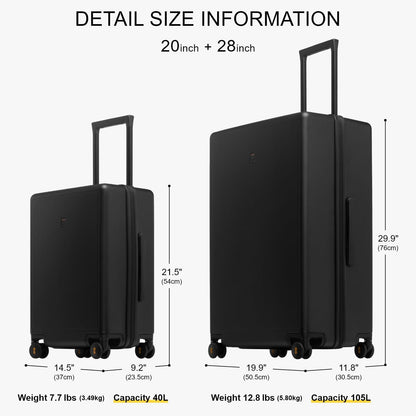 LEVEL8 Elegance Matte Luggage Set, 20 Inch Carry-on Luggage, 28“ Large Suitcase Lightweight Hardside Suitcases with Wheels,Tsa Lock,2-Piece Set(20/28), Black