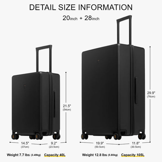 LEVEL8 Elegance Matte Luggage Set, 20 Inch Carry-on Luggage, 28“ Large Suitcase Lightweight Hardside Suitcases with Wheels,Tsa Lock,2-Piece Set(20/28), Black