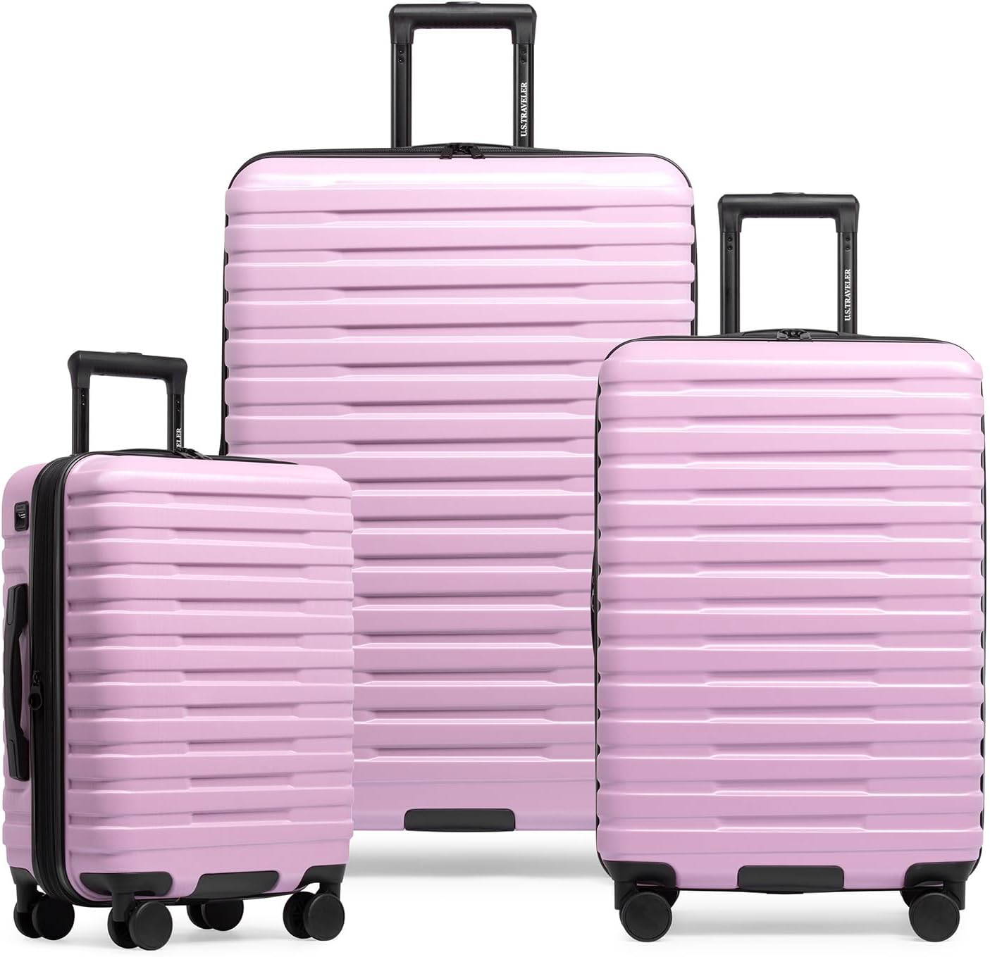 U.S. Traveler Boren Polycarbonate Hardside Rugged Travel Suitcase Luggage with 8 Spinner Wheels, Aluminum Handle, Lavender, 3-Piece Set, USB Port in Carry-On