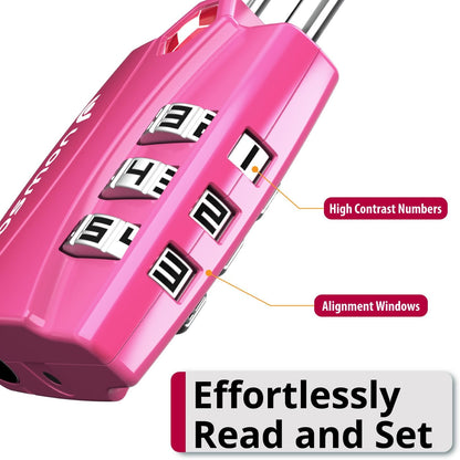 Fosmon TSA Approved Pink Locks for Luggage. Cute Locker Suitcase Lock with Open Alert Indicator, 3 Digit Combination Padlock with Alloy Body for Travel, Backpack Zipper Anti Theft, Gym, Women- 2 Pack