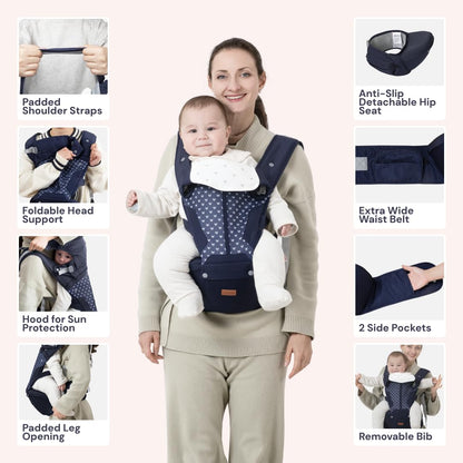 BabbleRoo Grow Carrier – 6-in-1 Baby Carrier with Hip Seat, Ergonomic, Cozy & Adjustable Toddler Carrier 7-50 lbs with Hip & Lumbar Support, Hood for Sun Protection, Newborn to Toddler, Navy Hearts
