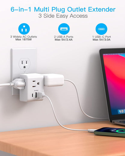 Multi Plug Outlet Extender, Power Strip Non Surge Protector Electric Outlet Splitter with 3 USB Wall Charger (1 USB C), Multiple Outlet Expander for Cruise, Dorm, Travel, Home, Office