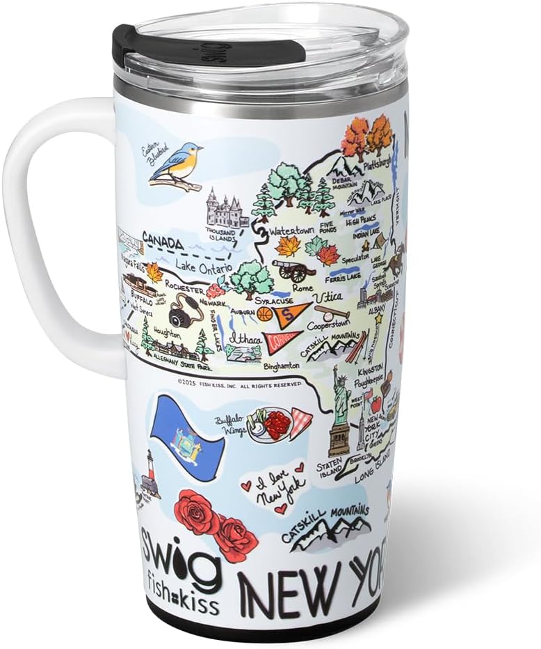 Swig Life 22oz Travel Mug, Insulated Tumbler with Handle and Lid, Travel Coffee Mug, Cup Holder Friendly, Stainless Steel 22 oz Tumbler, Reusable Insulated with Lid (New York)