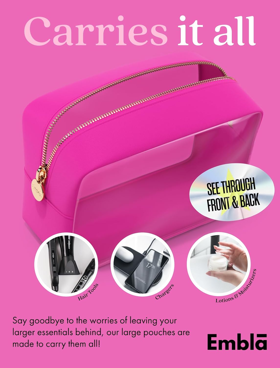 Clear Makeup Bag Zipper Pouch, Transparent Cosmetic Case Organizer, TSA Approved Travel Toiletry Case, Travel Accessories Essentials Makeup Tote for Women, Large Cute Make up Bag for Purse - Fuchsia