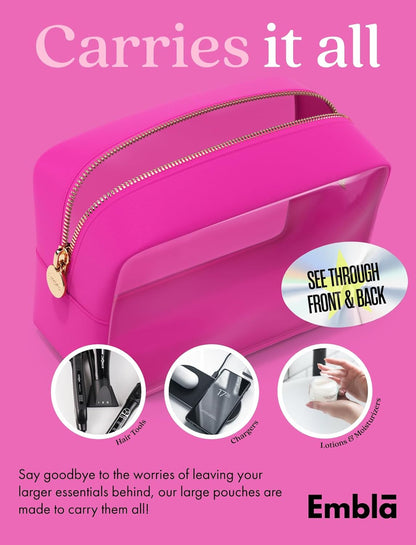 Clear Makeup Bag Zipper Pouch, Transparent Cosmetic Case Organizer, TSA Approved Travel Toiletry Case, Travel Accessories Essentials Makeup Tote for Women, Large Cute Make up Bag for Purse - Fuchsia