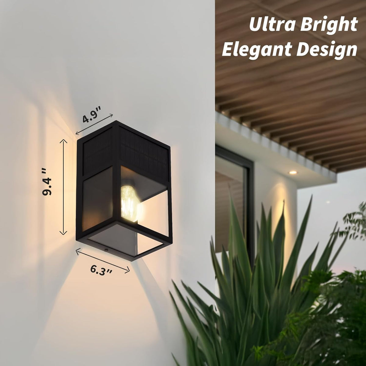 Outdoor Solar Wall Lights, High Brightness Waterproof Lanterns, Porch LED with Stainless-Steel & Tempered Glass, Black Sconce for Door Entryway, Garage, Patio, Yard, Warm White 2Pk