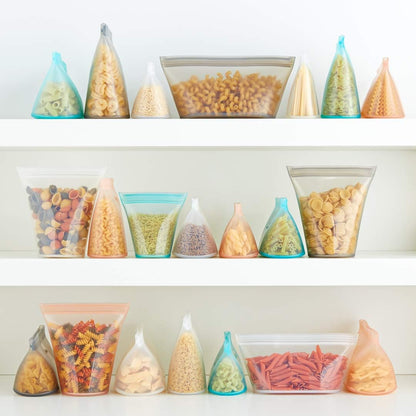 Zip Top Reusable Food Storage Bags | Full Set of 8 [Gray] | Silicone Meal Prep Container | Microwave, Dishwasher and Freezer Safe | Made in the USA