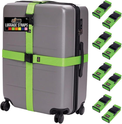 GORILLA GRIP Heavy Duty 8 Pack Adjustable Luggage Straps for Suitcases, Easy to Identify Travel Belt Connector Holds Suitcase Together, Extends Life of Bag, Strap Connects Two Bags, Accessories Green