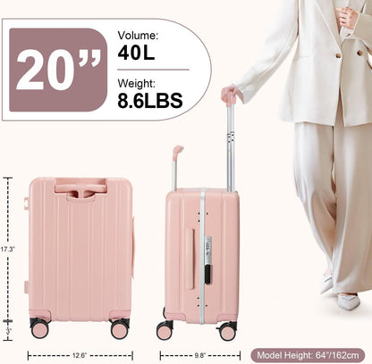 MRPLUM Carry On Luggage Double Handle Suitcase with Net Pocket,Hard Shell Spinner Wheels Luggage with TSA Lock&Seat Belt,20 inch,Pink