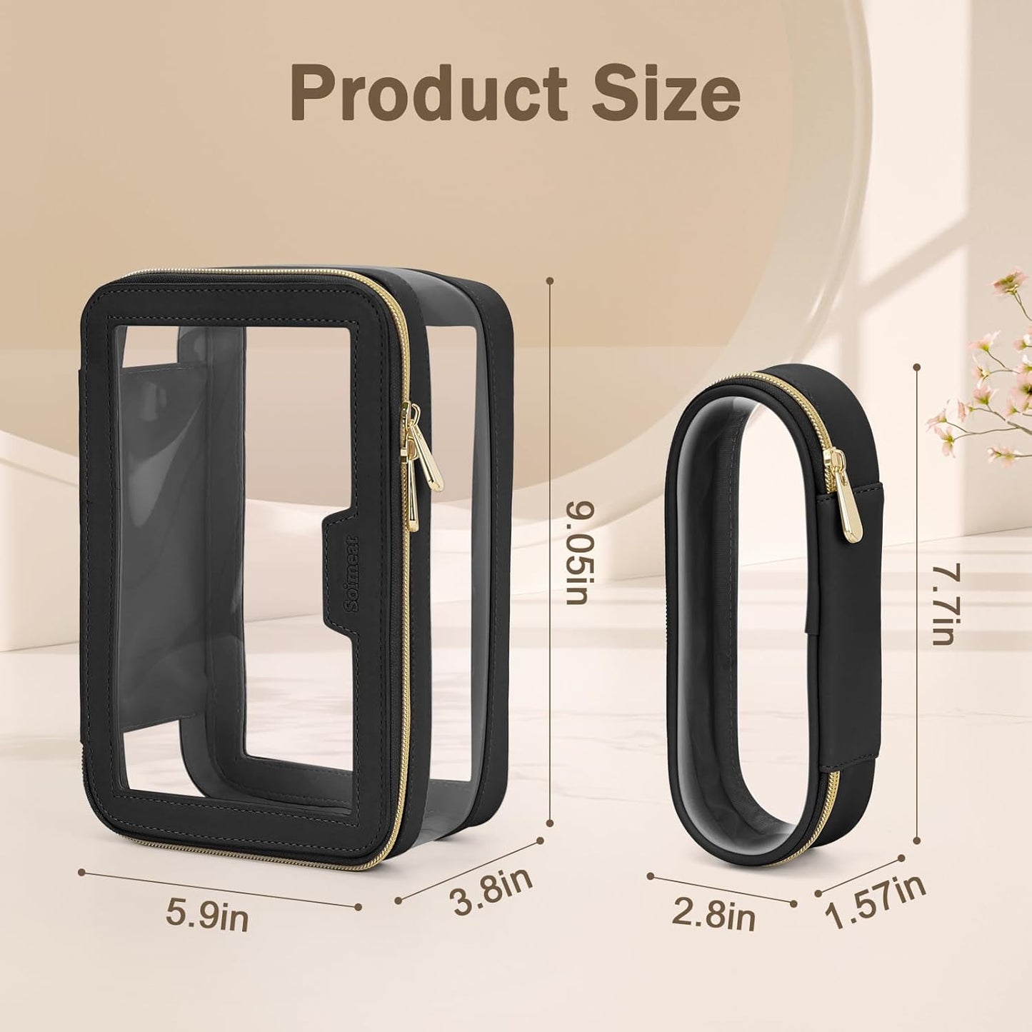 Travel Clear Makeup Bag with Makeup Brush Bag, Leather Makeup Case Toiletry Bag, Portable Cosmetic Bag Case, Transparent Waterproof Cosmetic Organizer Storage Bag for Women, Black