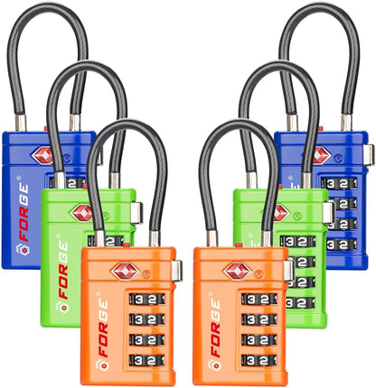 Forge TSA Approved Luggage Locks 4 Digit Combination TSA Travel Locks with TSA008, Open Alert Indicator, Zinc Alloy Body for Luggage, Suitcase, Backpack, and More. 3 Color 6 Locks.