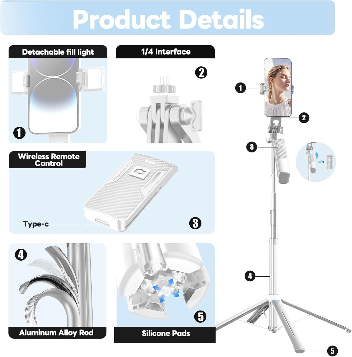 71" Selfie Stick Phone Tripod with Wireless Remote & 2 LED Fill Lights, Extendable Aluminum Phone Stand for iPhone/Android/Camera, Portable Travel Tripod for Vlogging, Live Streaming, Video Recording