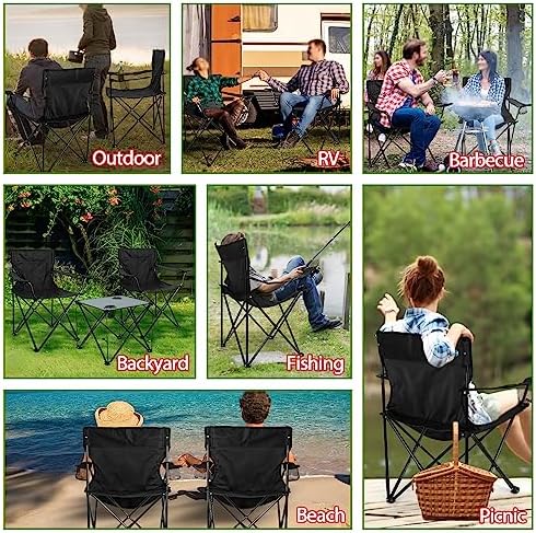 HaSteeL Folding Camping Chair Set of 3, Foldable Black Camp Chairs & Grey Table, Large Lawn Chair Portable for Adults Hiking, Fishing, Picnic, Outdoor BBQ, Travel, Sports, Cup Holders & Storage Bags
