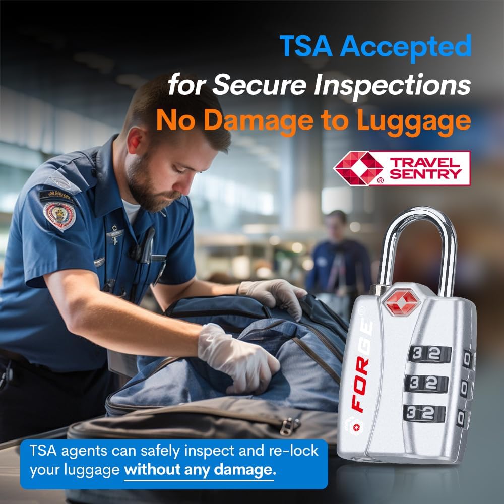 Forge TSA Luggage Combination Lock - Open Alert Indicator, Easy Read Dials, Alloy Body- Ideal for Travel, Lockers, Bags (Silver)