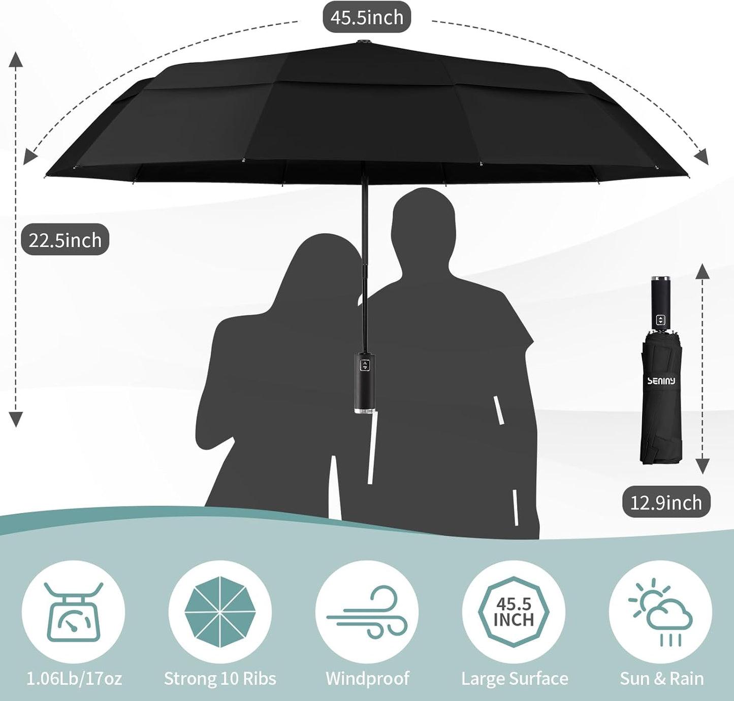 Seniny Windproof Travel Umbrella, Double Vented Canopy Large Umbrellas for Rain, Automatic Compact Umbrella for Car Backpack, Portable Pocket UV Umbrellas for Sun Protection Walking, Lightweight