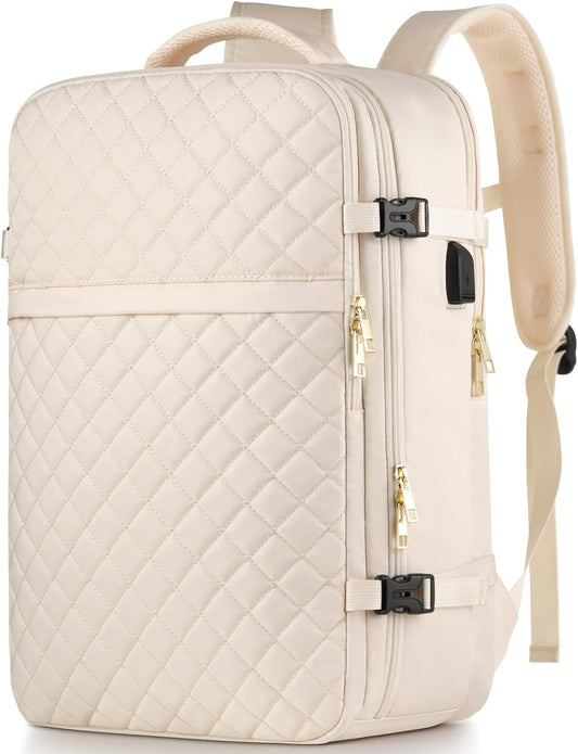 MOMUVO Large Travel Backpack Women, Flight Approved Carry On Backpack, Water Resistant Anti-Theft Large Casual Daypack Fit 17 Inch Laptop with USB Charging Port, Beige