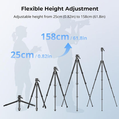 SmallRig Portable Carbon Fiber Travel Tripod Kit, 61.8'' Video Camera Tripod Monopod Video Head, Built-in QR Plate for Arca, Switchable Centre Column, Max Load 3kg / 6.6lb for Cameras, DSLR