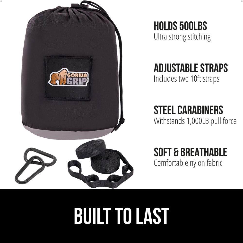 GORILLA GRIP Durable Portable Camping Hammock, Holds 500lbs with Heavy Duty Tree Straps, Comfortable Travel Swing, Camp Hammocks, Easy to Use and Install, Outdoor Essentials, Black, 10x6.5 FT