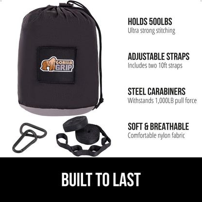 GORILLA GRIP Durable Portable Camping Hammock, Holds 500lbs with Heavy Duty Tree Straps, Comfortable Travel Swing, Camp Hammocks, Easy to Use and Install, Outdoor Essentials, Black, 10x6.5 FT