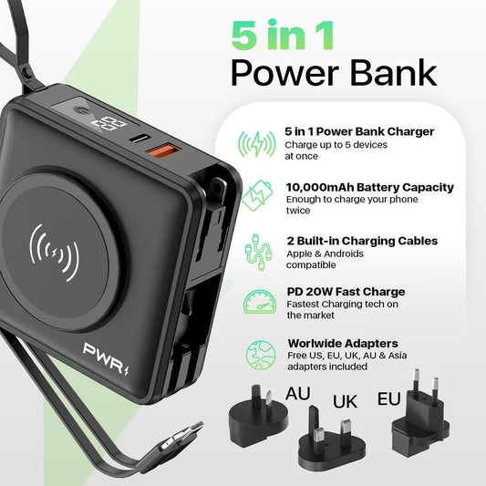 PWR Travel PRO 5-in-1 Power Bank with Case Included– 10,000mAh with Built-in Cables – 20W USB-C + 15W Wireless Charging – Compact Portable Charger for iPhone & Android- Black