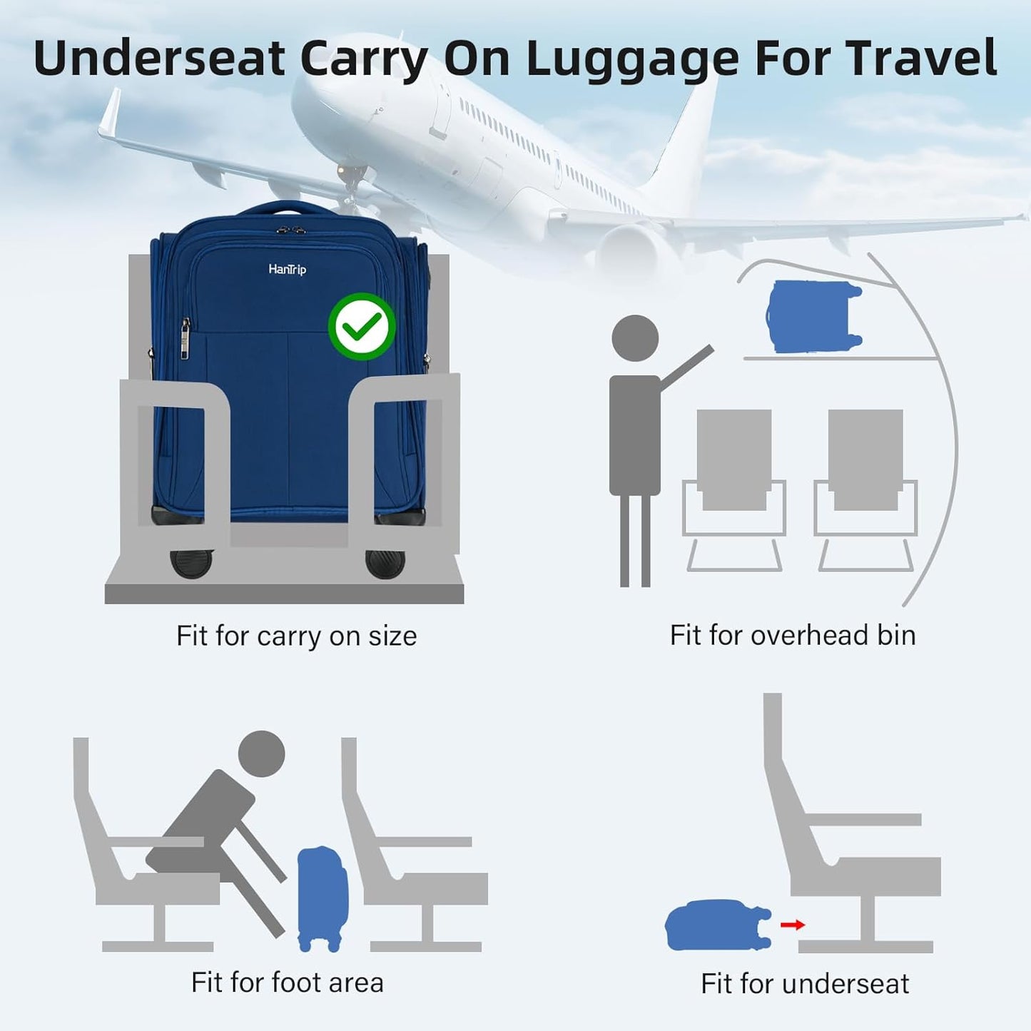 16 Inch Underseat Carry On Luggage with Wheels Softside Small Suitcases Personal Item Bag with Pocket Travel Luggage for Men Women Business Overnight Bag(Blue)