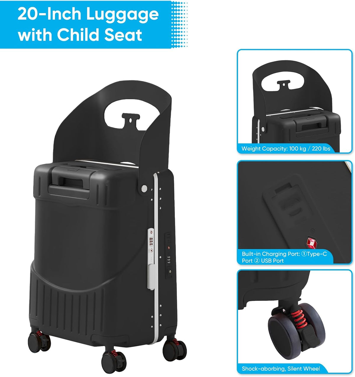 TABU 20" Ride-on Luggage with Seat，Front Opening Carry-On Hardshell Ride On Suitcase with Built-in Charging Port, 360° Lockable Spinner and TSA Lock, for Kids & Adults, Black