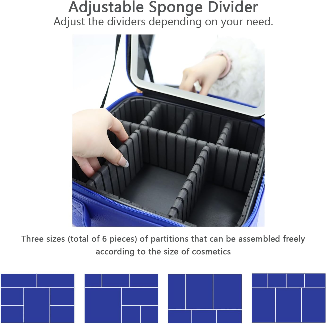 Makeup Bag with Led Mirror,Travel Makeup Organizer with 3 Color Setting & 10X Magnifying Mirror, Portable Storage and Adjustable Dividers Travel Makeup Bag-dark blue