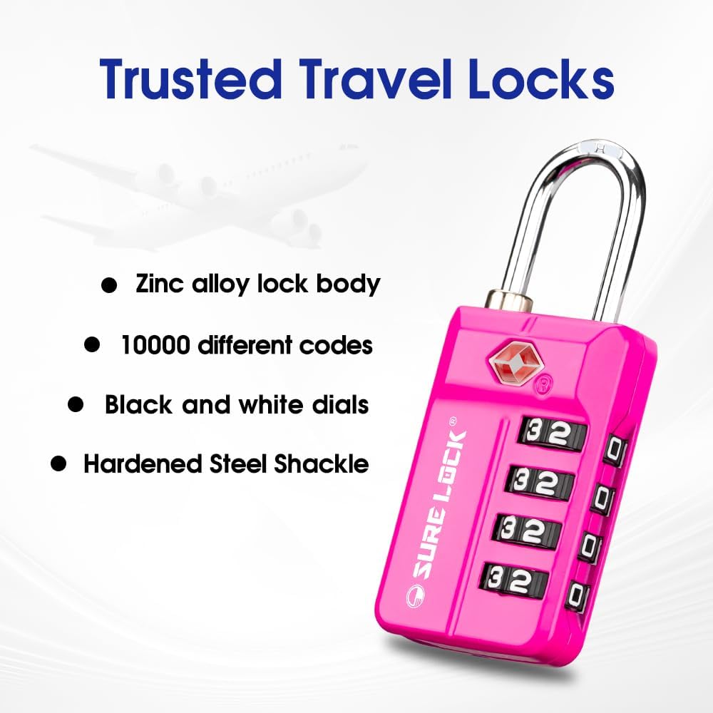 SURE LOCK TSA Approved 4-Digit Resettable Combination Luggage Locks with Open Alert, Easy-Read Dials - for Luggage, School Lockers, Gym, Office, Toolbox & Security Cases(4 Assorted Colors)