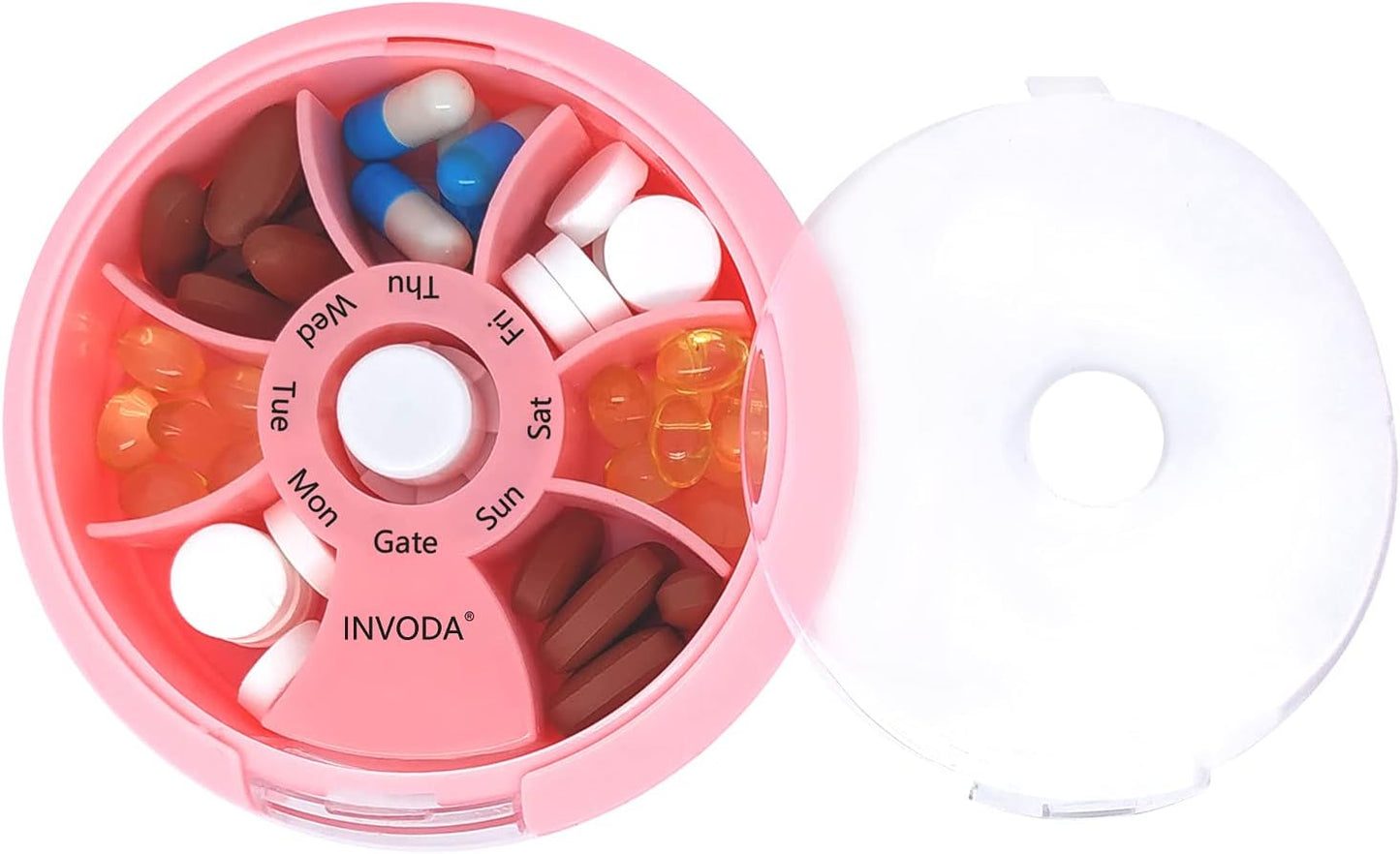 INVODA Weekly Pill Organizer 7 Compartment Rotating Pill Box for Daily Medication & Vitamins - Portable Travel Pill Case Fish Oil Supplements Vitamins Organizer (Pink+Green)