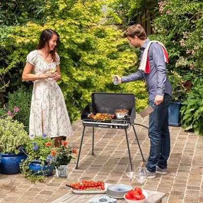 2-Burner Gas Camping Stove, Portable BBQ Grill with Detachable Legs, Roast Grill & 3-Sided Wind Screen, 22,000 Total BTUs of Power, Outdoor Propane Burner Grill Stove for Picnic (Black)