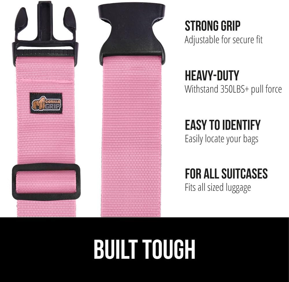 GORILLA GRIP Heavy Duty 4 Pack Adjustable Luggage Straps for Suitcases, Easy to Identify Travel Belt Connector Holds Suitcase Together, Extends Life of Bag, Strap Connects Two Bags, Accessories Pink