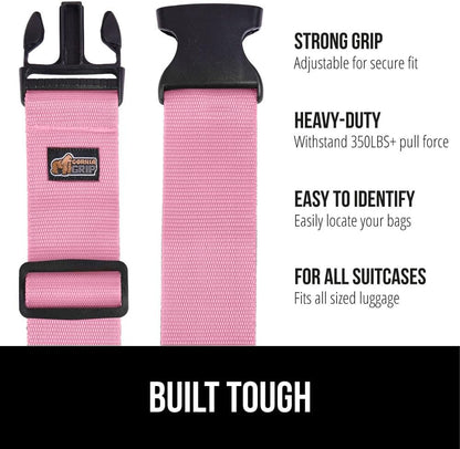 GORILLA GRIP Heavy Duty Adjustable Luggage Straps for Suitcases, Easy to Identify Travel Belt Connector Holds Suitcase Together, Extends Life of Bag, Strap Connects Two Bags, Accessories 2 Pack Pink