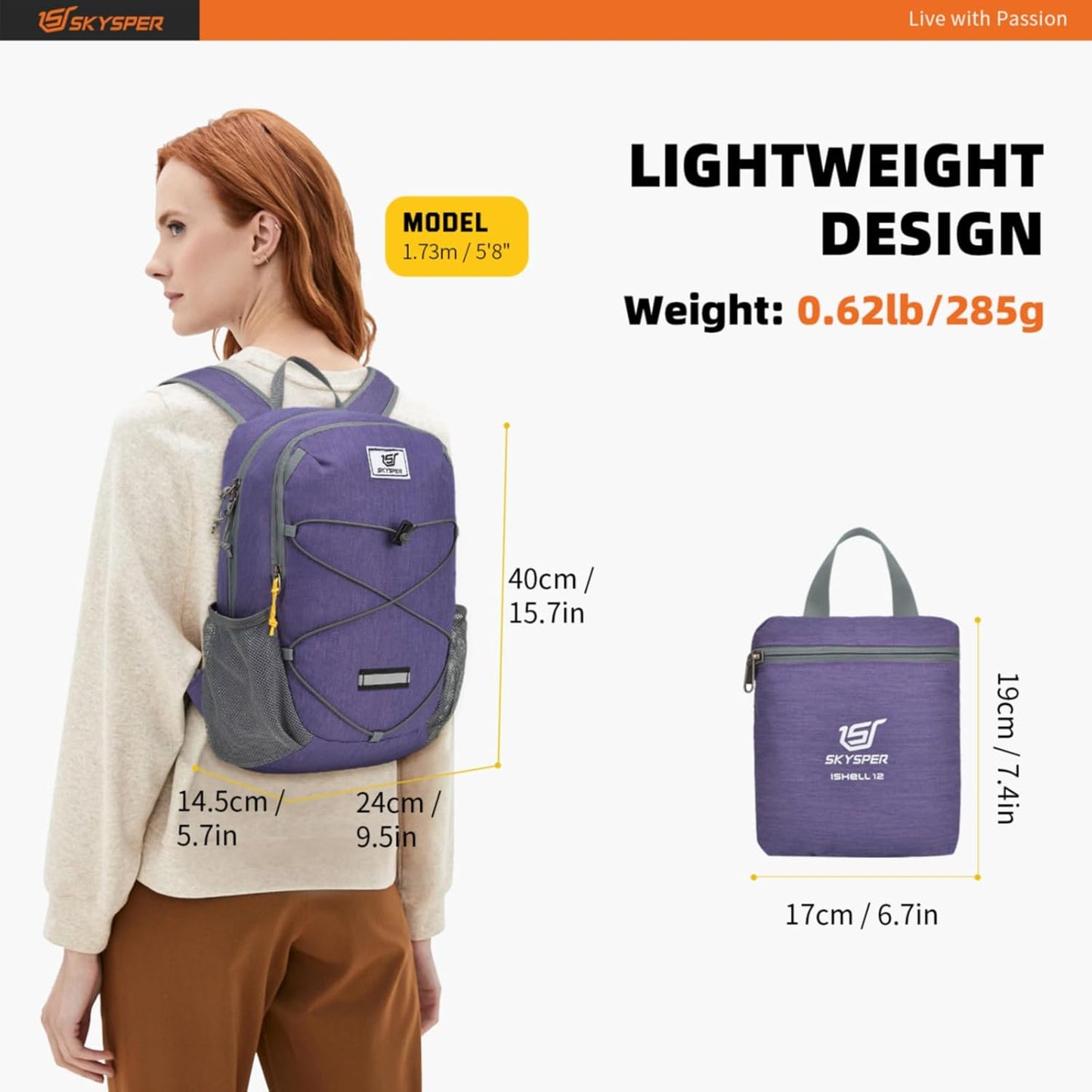 SKYSPER Small Hiking Backpack -12L Lightweight Packable Daypack for Travel Foldable Tear Resistant Backpacks for Women Men